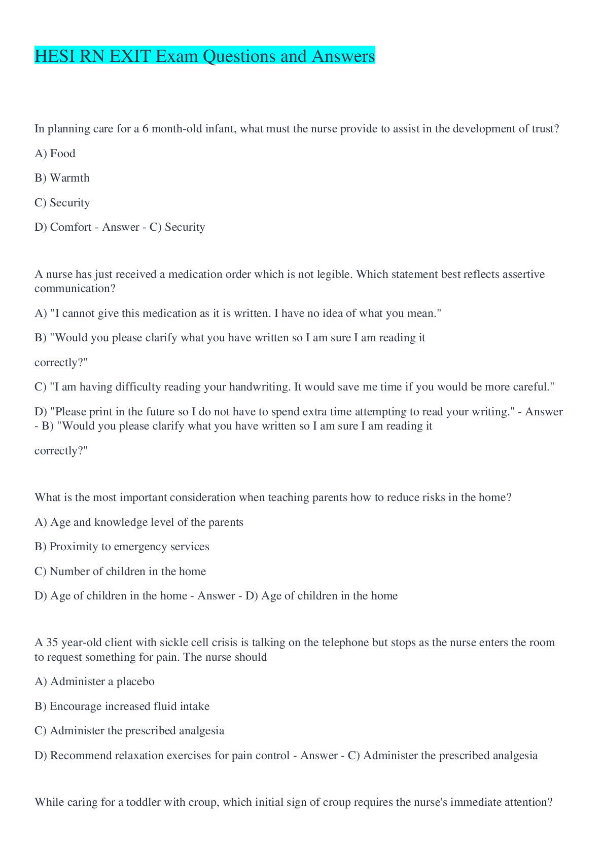 Preview image for HESI RN EXIT Exam Questions and Answers 2022/2023